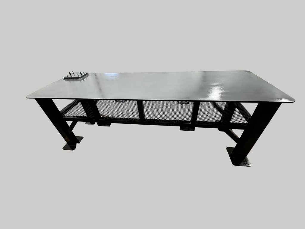 96" by 30" black and grey steel workbench 